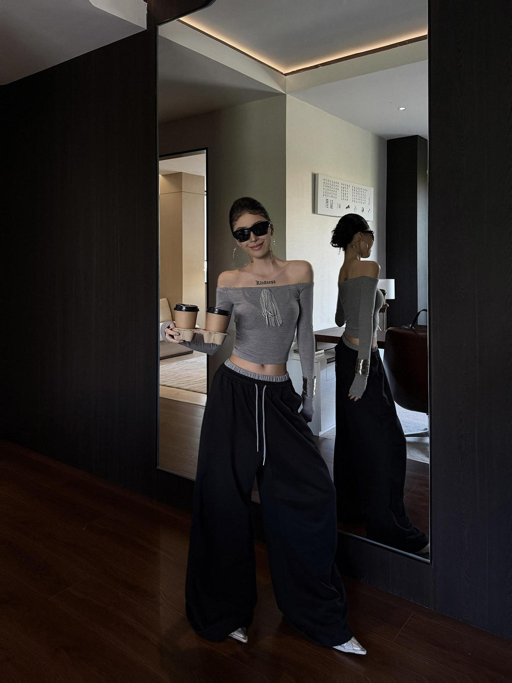 ZERO Soft Viscose Slim Fit Casual Straight Neck Gray Womens Long Sleeve Crop Tops