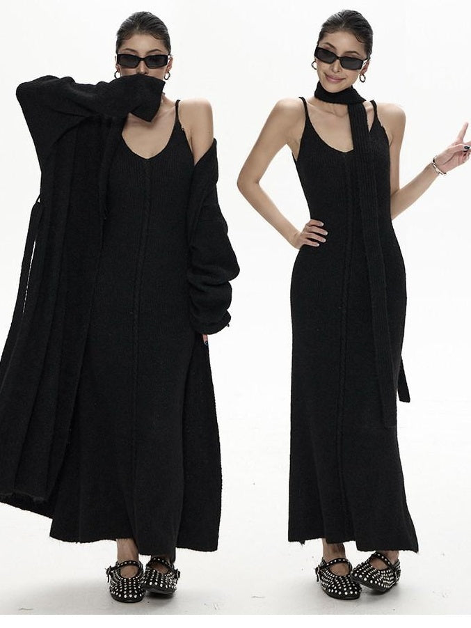 ZERO High Stretch Retro Two Piece Cardigan And Cami Women Acrylic Maxi Dresses