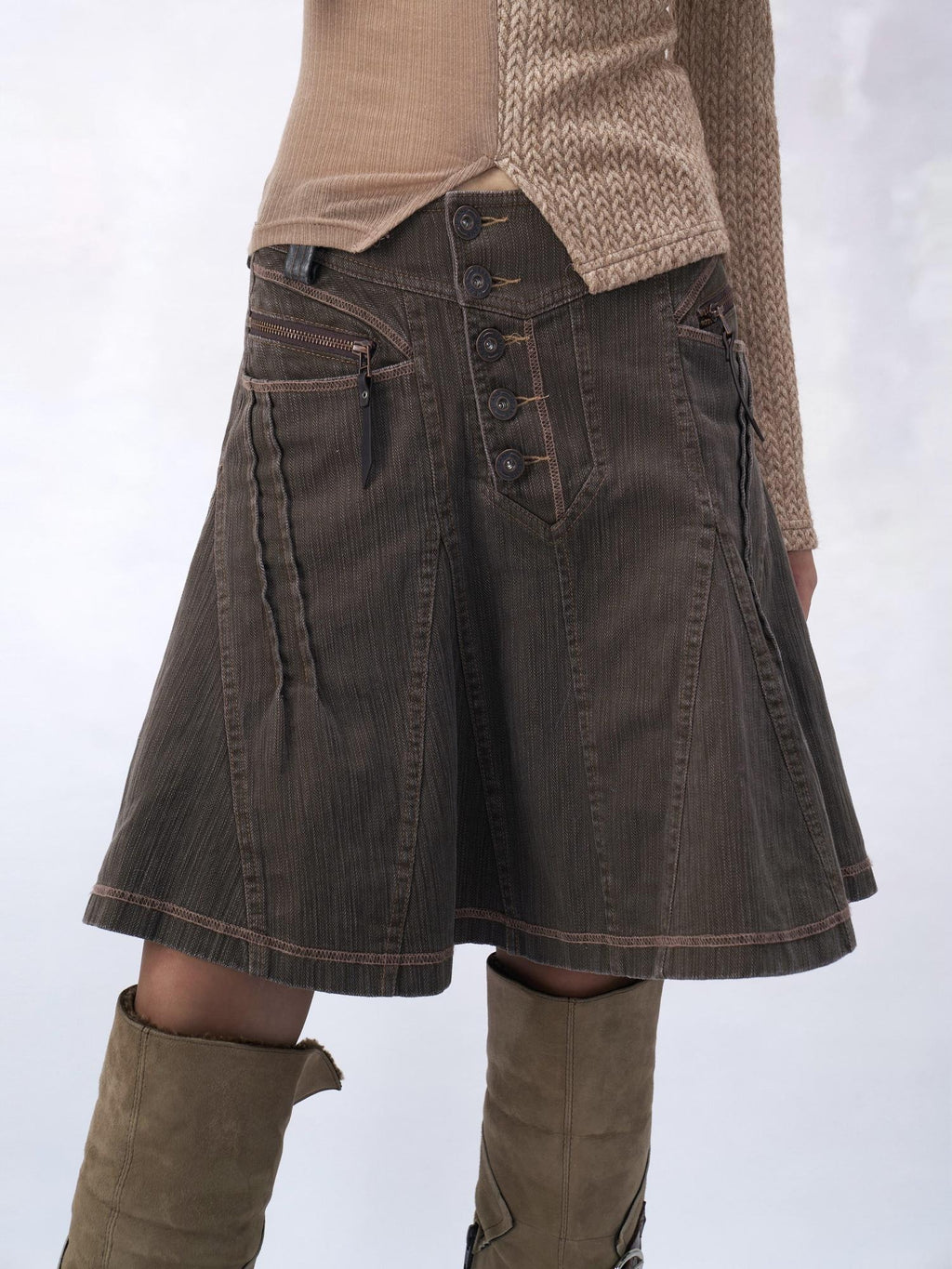 Flowers birds Market Vintage Washed Denim Pleated A Line Low Waist Casual Women Citywalk Midi Skirts