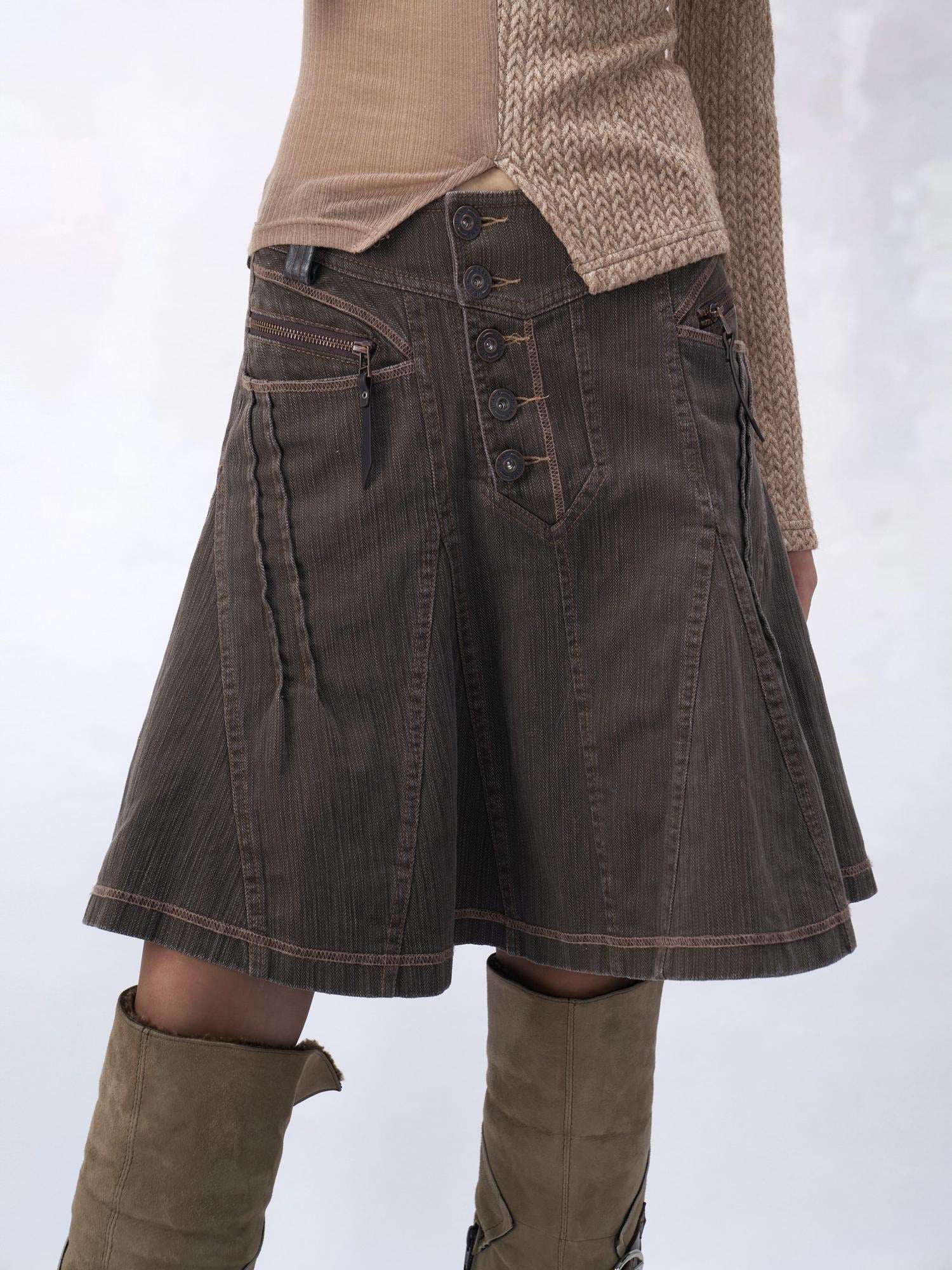 Flowers birds Market Vintage Washed Denim Pleated A Line Low Waist Casual Women Citywalk Midi Skirts