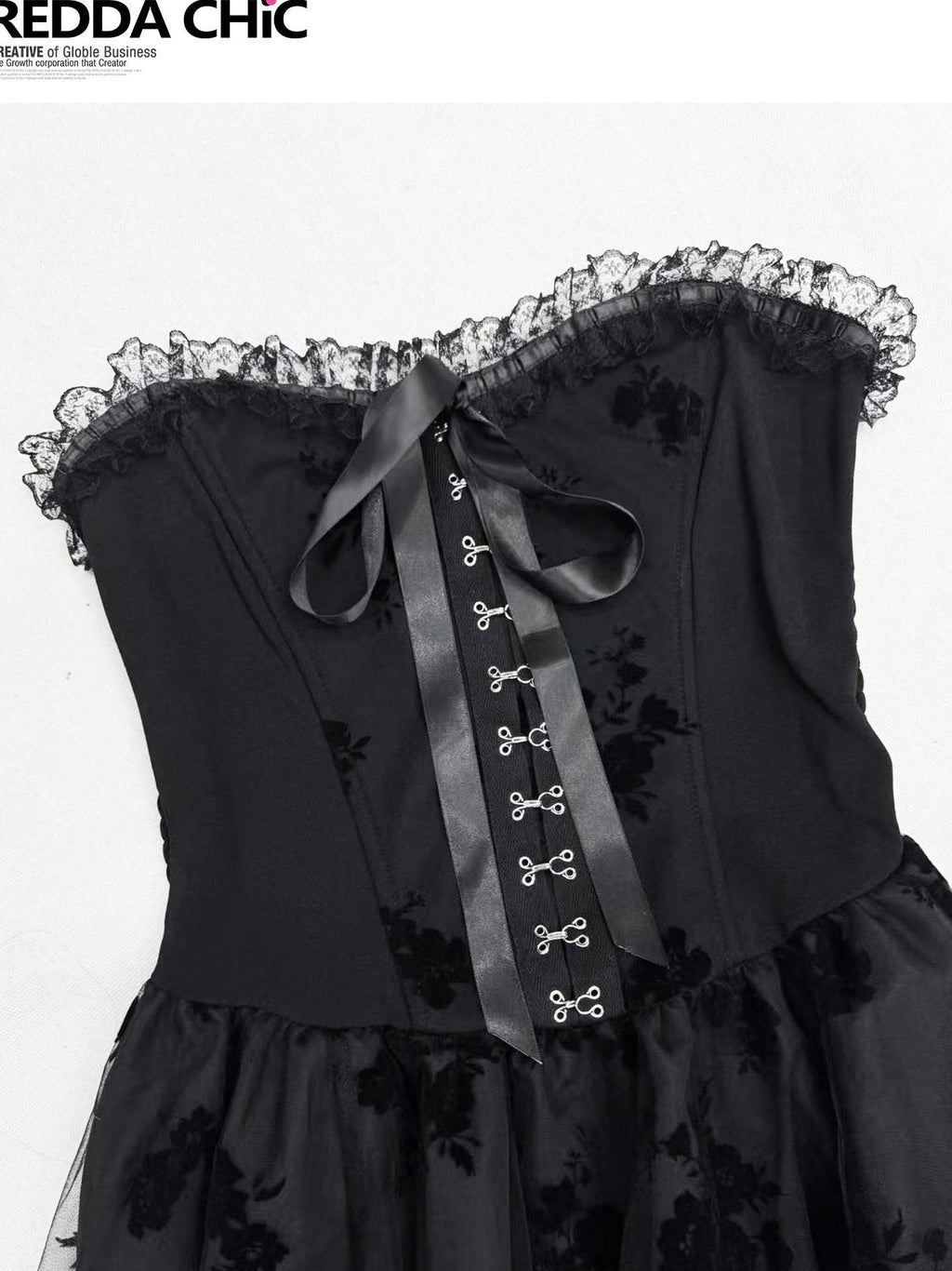 REDDACHIC Black Lace Spliced Aline Waist Cinch Women'S Mesh Strapless Midi Dresses