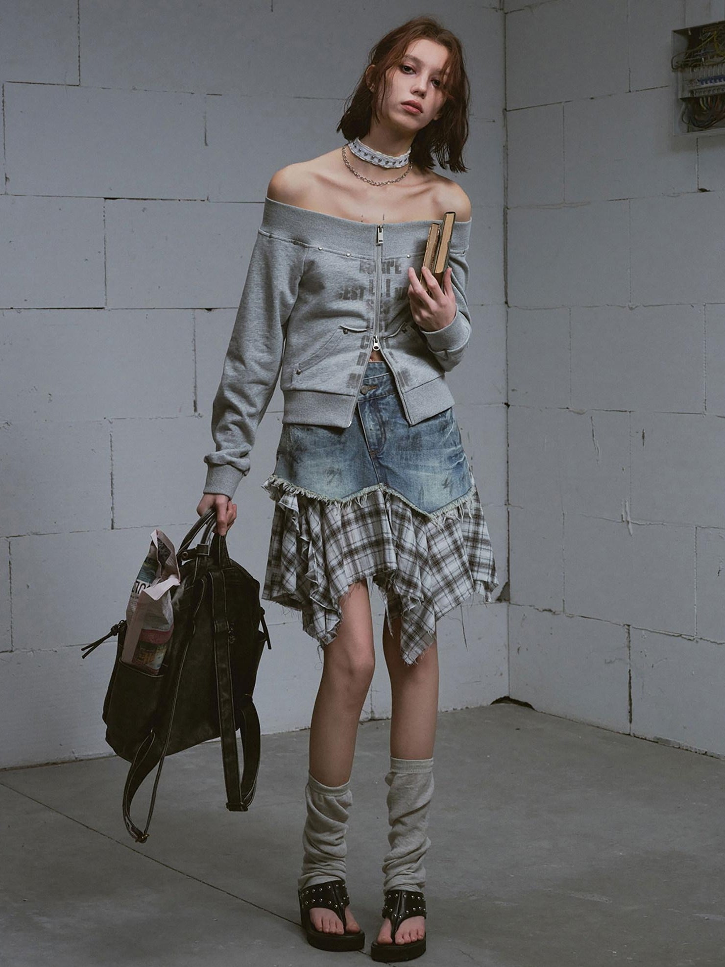 Cest Nous Distressed Patchwork Asymmetrical Aline Loose Mid Waist Women Midiskirts