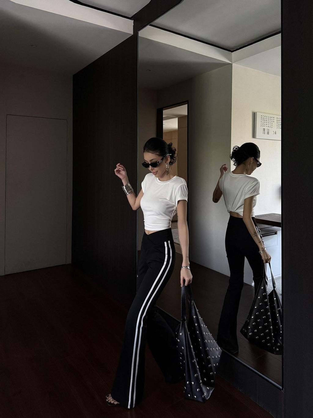 ZERO High Stretch Nylon Striped Street Natural Waist Women Black Flared Pants