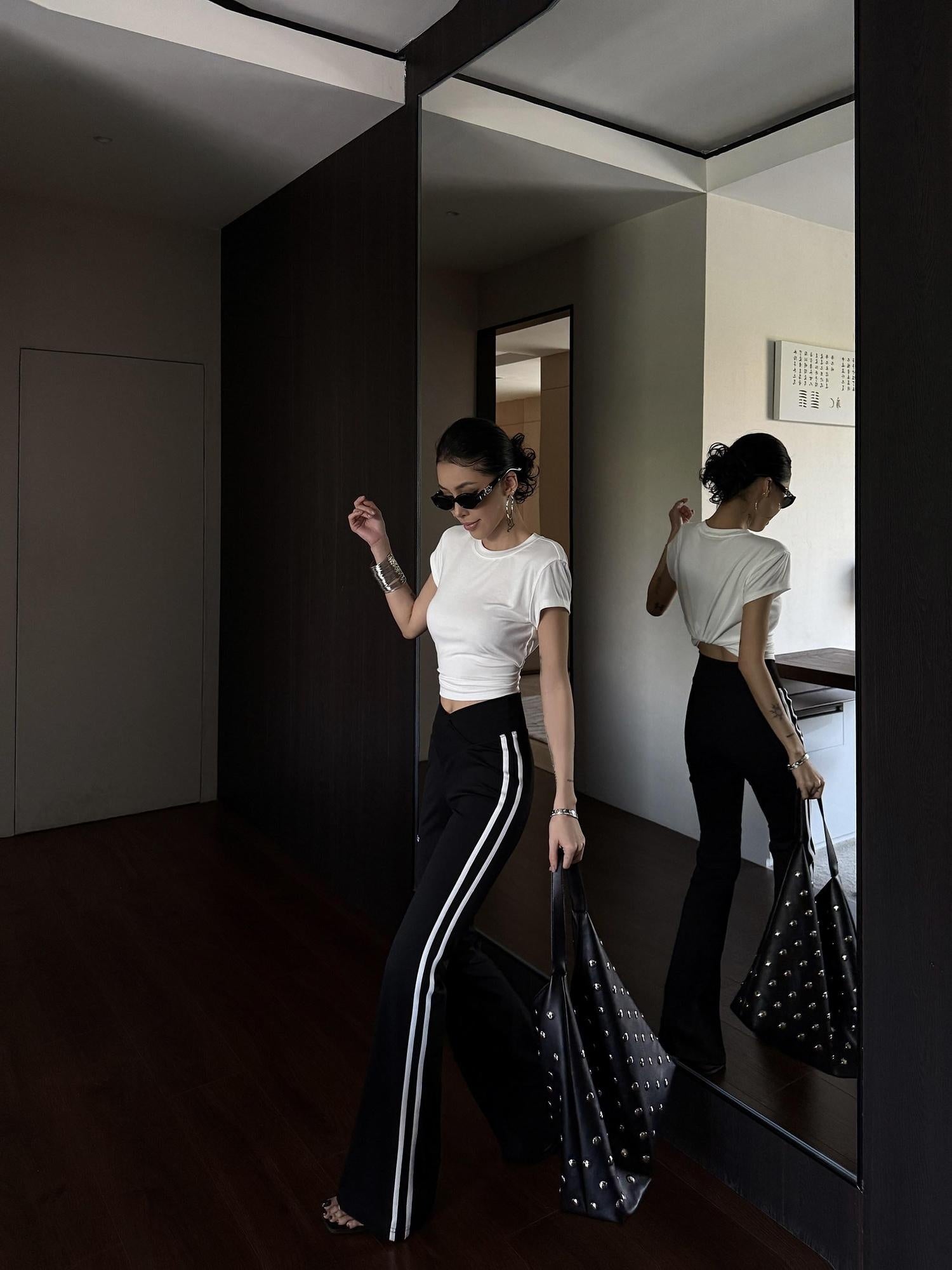ZERO High Stretch Nylon Striped Street Natural Waist Women Black Flared Pants