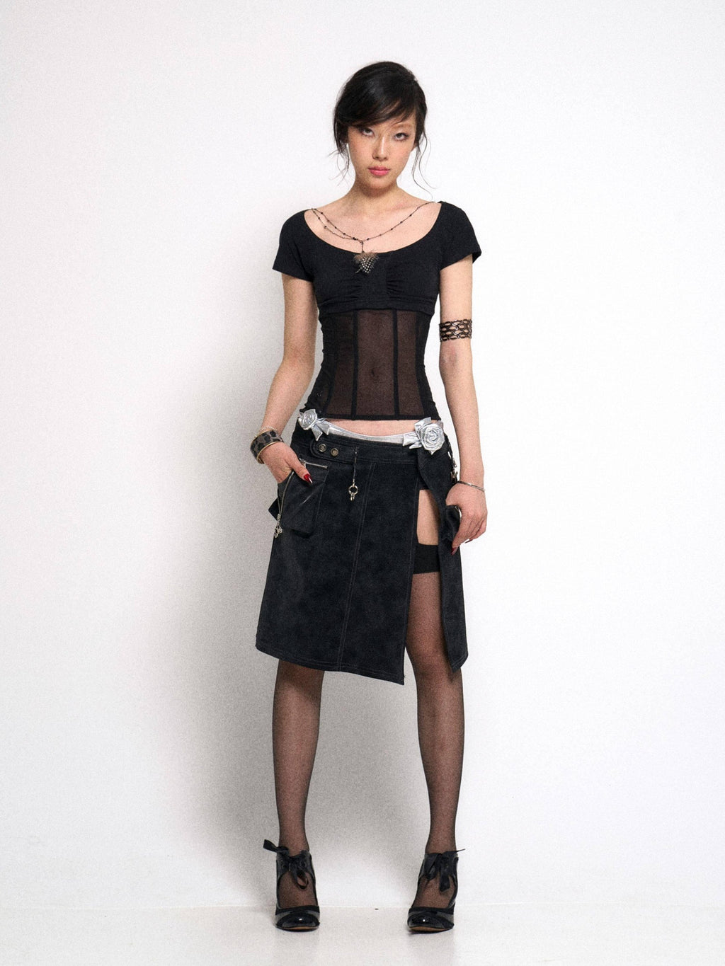 Flowers birds Market Cutout Gothic Slim Fit Solid Black Women Cotton Stretch Short Sleeve T-Shirts