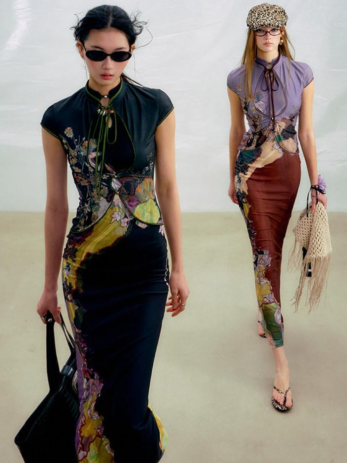 OfAkiva High Waist Floral New Chinese Style A Line Qipao Womens Tricolor Maxi Dresses