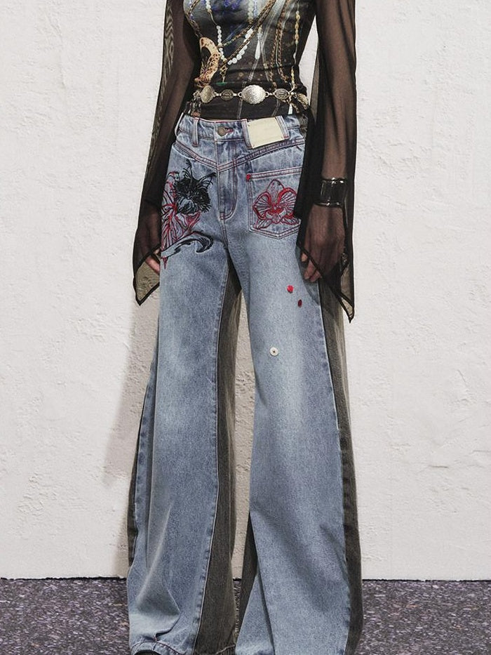 OfAkiva High Waist Vintage Embroidered Asymmetric Floral Cotton Women Wide Leg Jeans