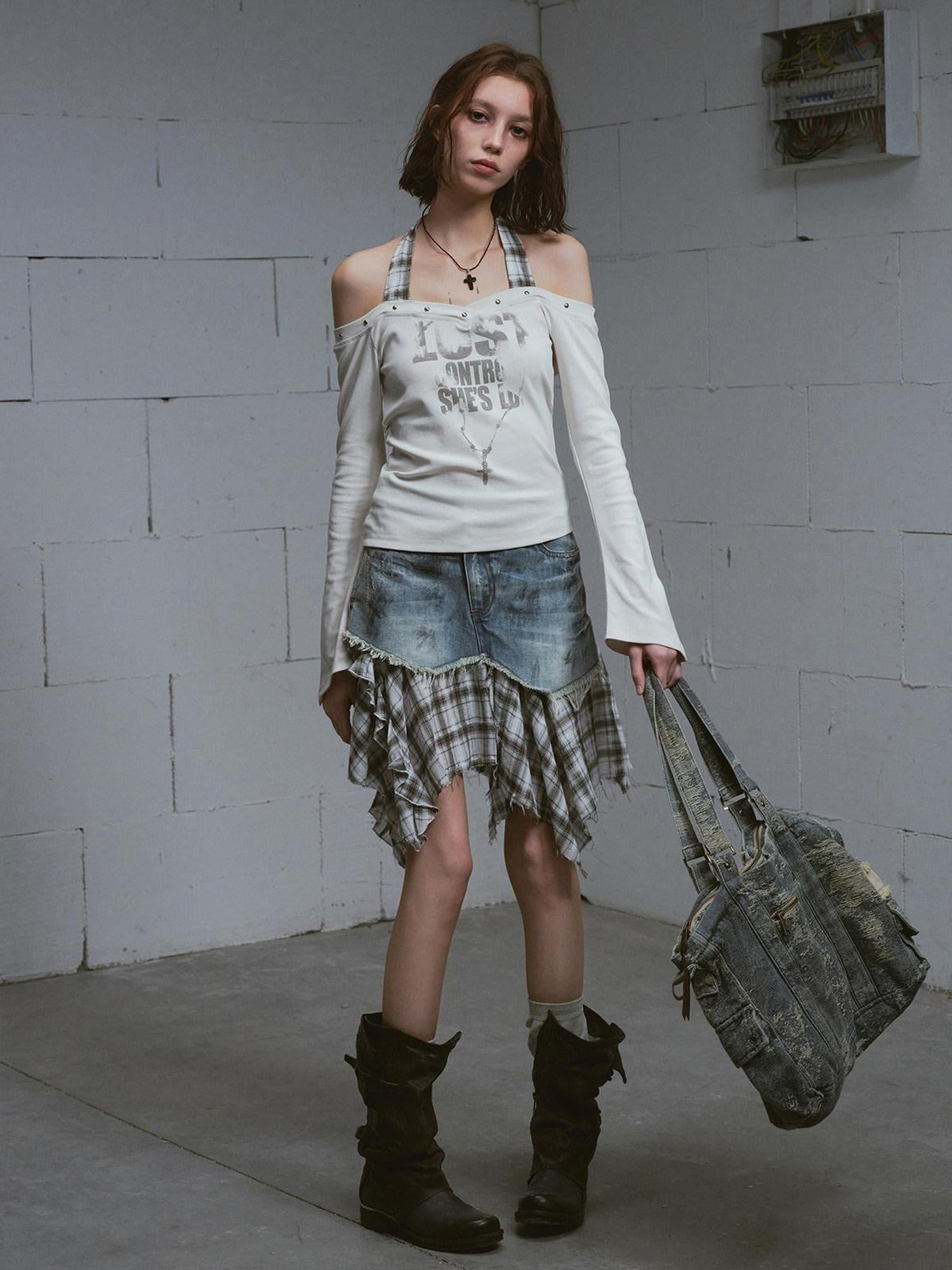 Cest Nous Distressed Patchwork Asymmetrical Aline Loose Mid Waist Women Midiskirts