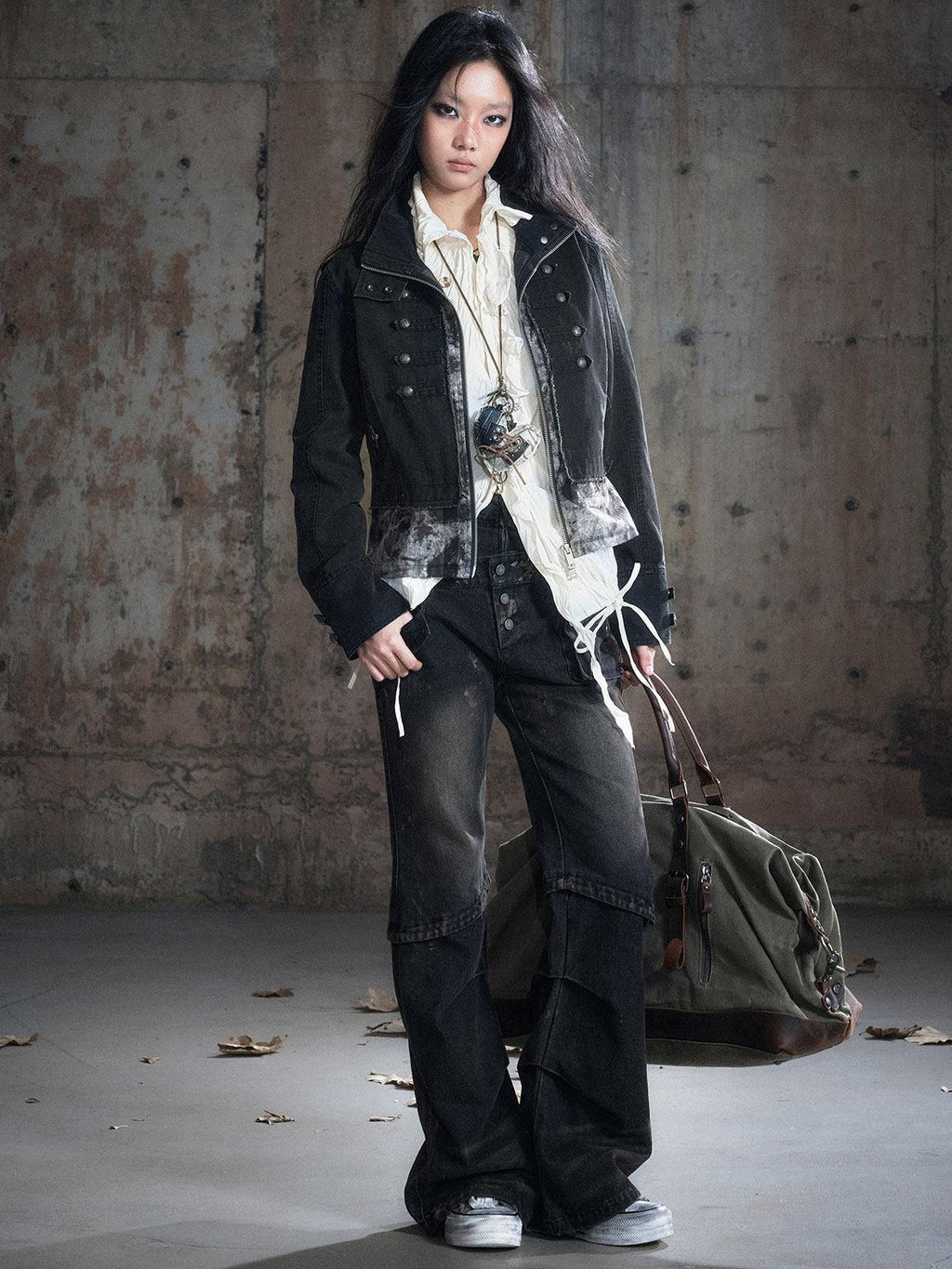 Cest Nous Frayed Punk Stand Collar Camo Cotton Button Long Sleeve Women Croppedjackets