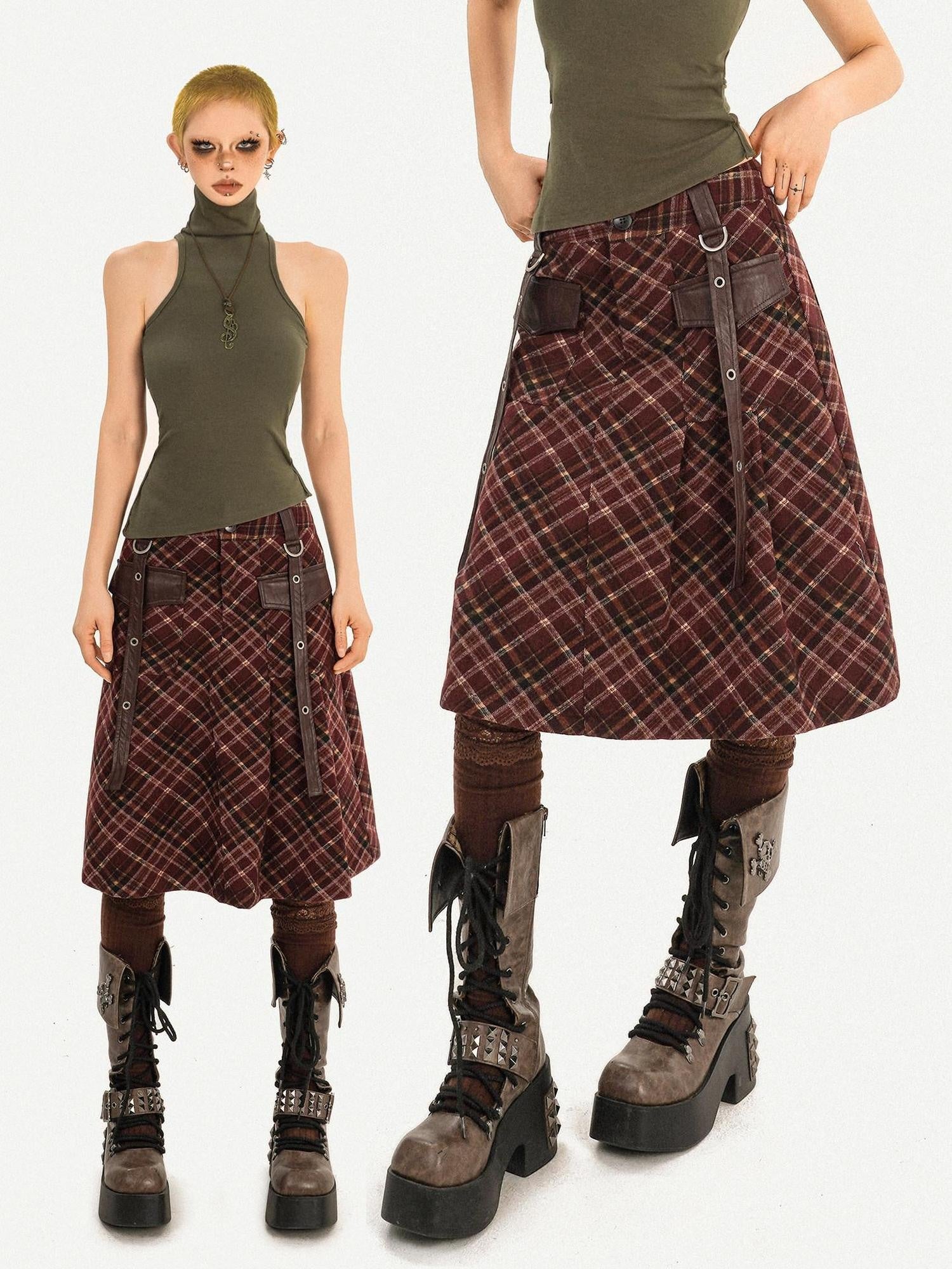 Nico Molly Casual Distressed Plaid A Line Button Pocket Midwaist Tweed Women Midi Skirts
