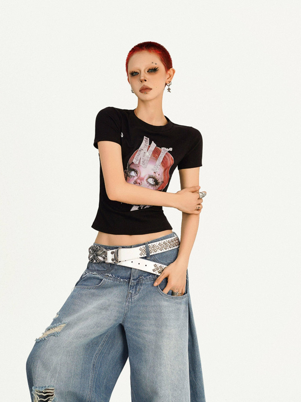 Nico Molly Moisture Wicking Slim Casual Creative Print Round Neck Women Basic Crop Tops