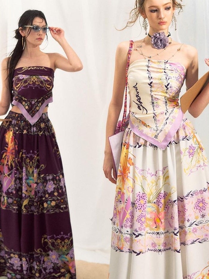 OfAkiva Floral Sleeveless Slim Two Piece With Square Scarf Women Top & Skirt Sets