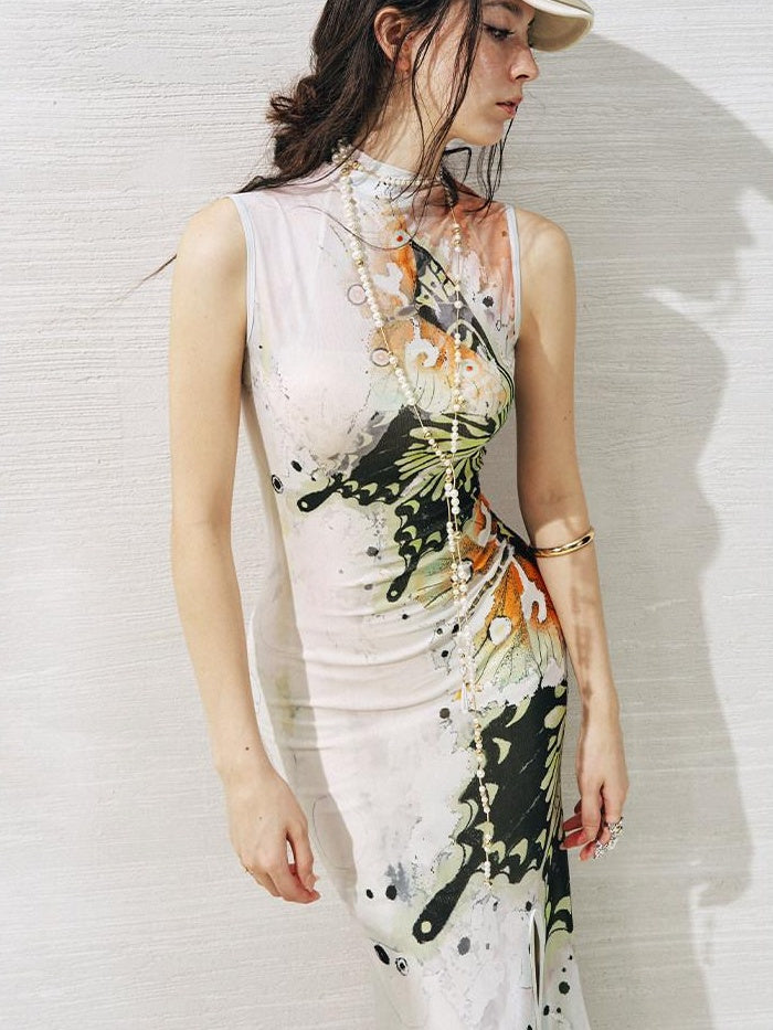 OfAkiva High Waist Sleeveless Printed A Line Hanfu Inspired Women Maxi Dresses