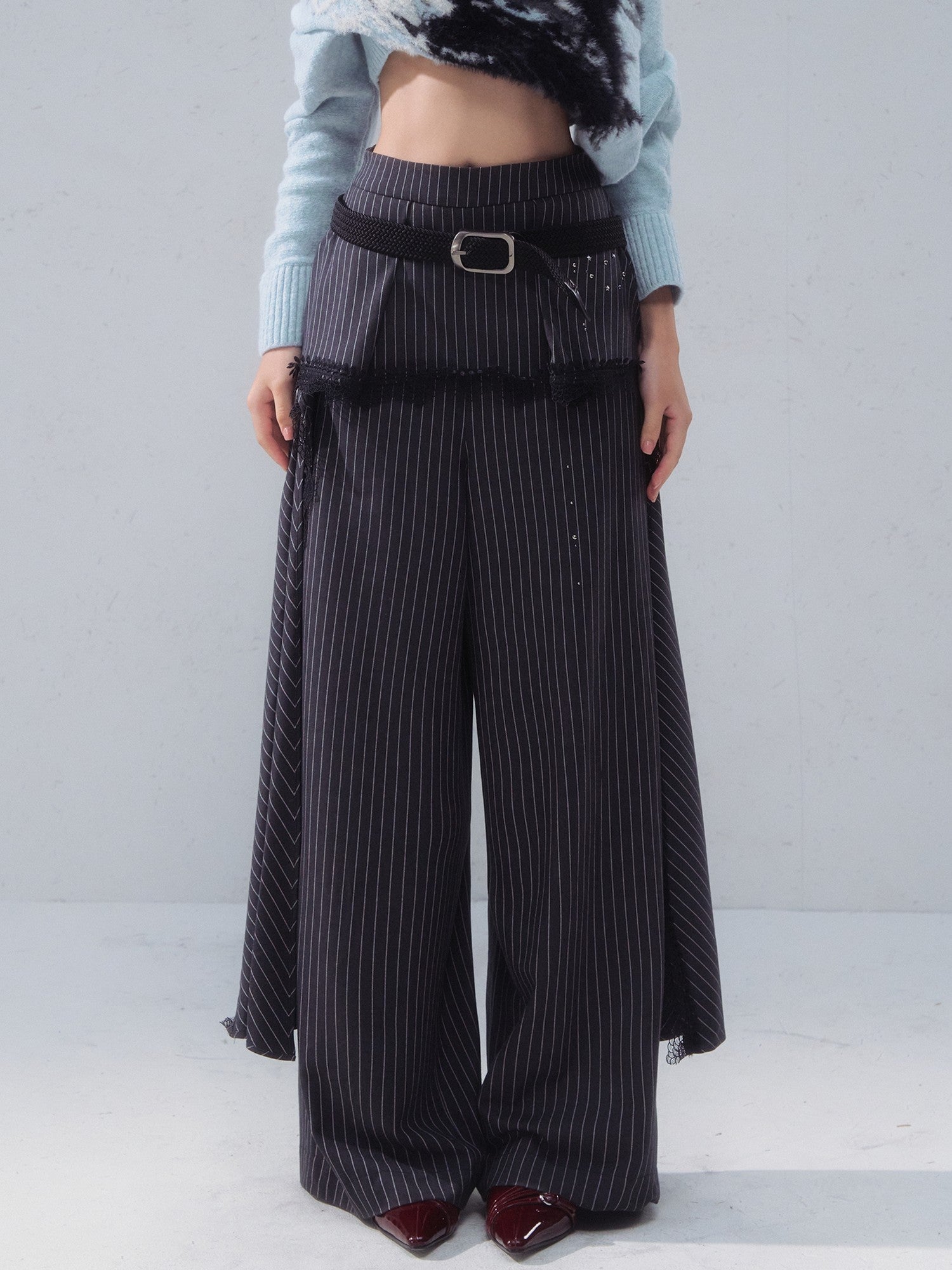 OfAkiva High Waist Vintage Striped Patchwork Zipper Fly Women Straight Wide Leg Pants