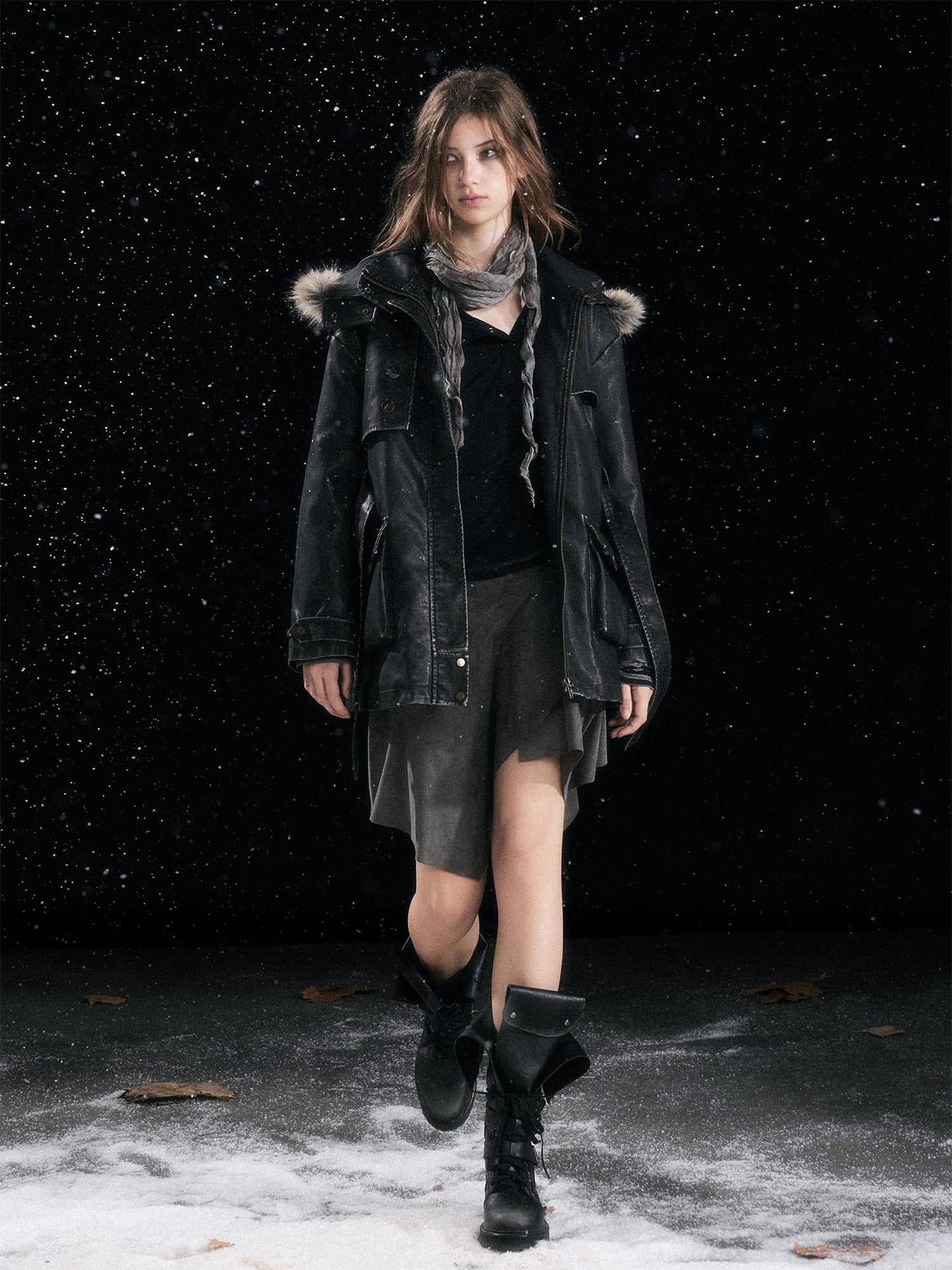 Cest Nous Insulated Commuter Hooded Straight Women Washed Black Leatherjackets