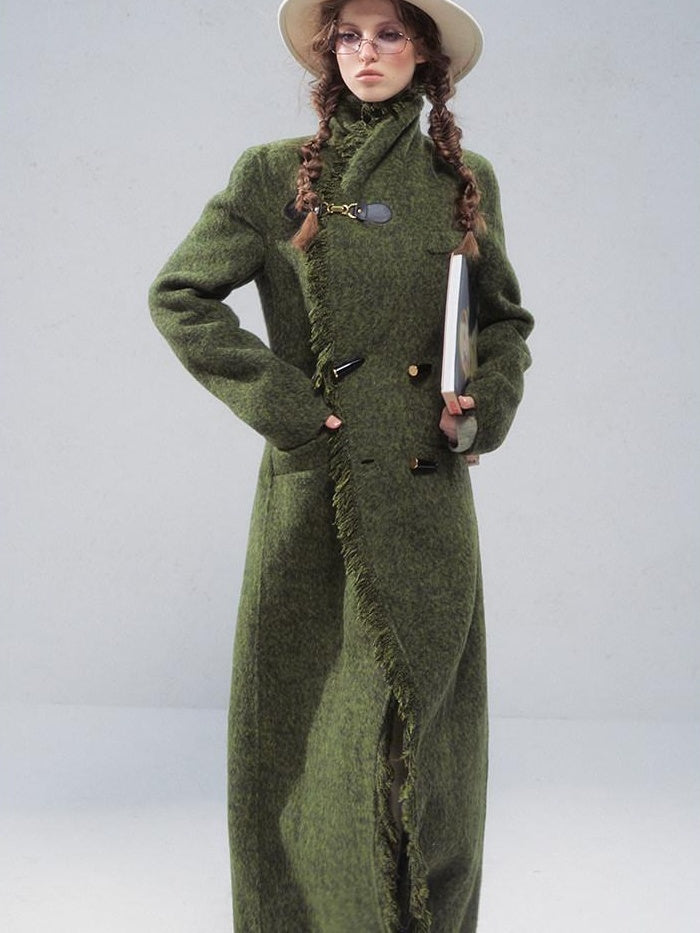 OfAkiva Vintage Slim Wool V-neck Drop Shoulder Single Breasted Women Long Coats