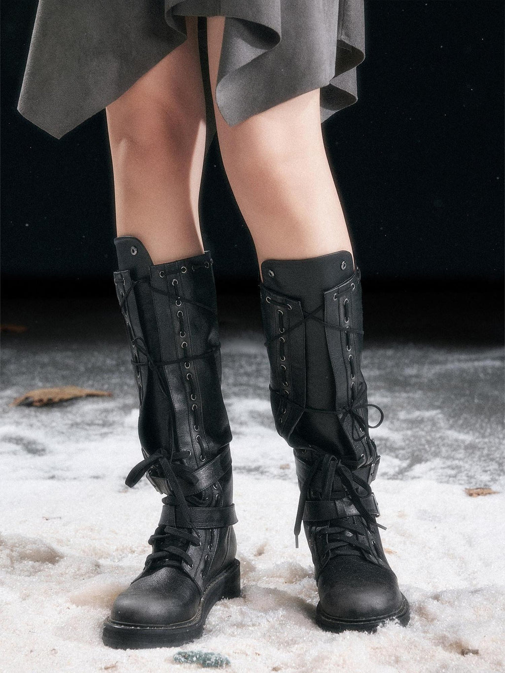 Cest Nous Low Heel Mid Calf Belt Buckle Casual Riding Round Toe Leather Lined Black Boots