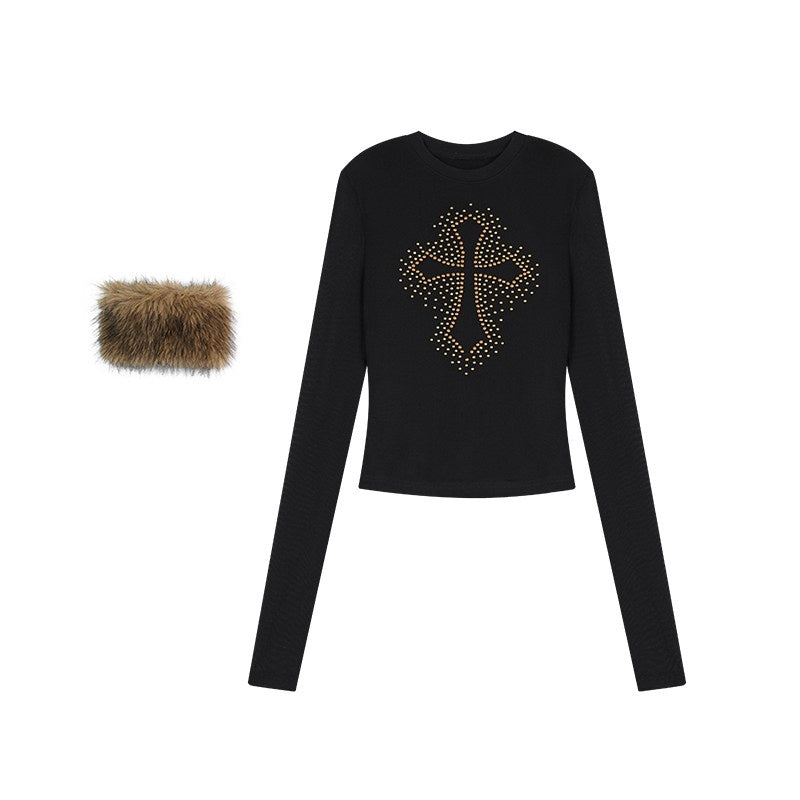 ZERO_Rhinestone_Casual_Slim_Knit_Pullover_Women_Black_Long_Sleeve_Crop_Tops_MISSTT