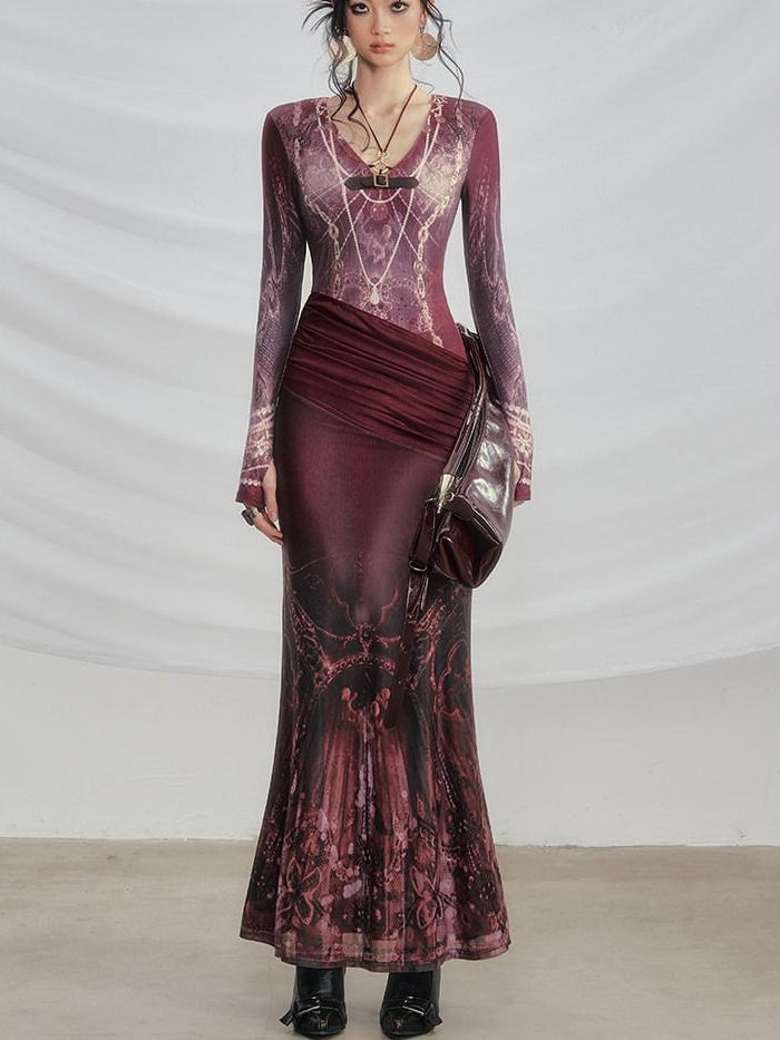OfAkiva High Stretch High Waist Vintage Floral V-neck Long Sleeve A Line Maxi Dresses
