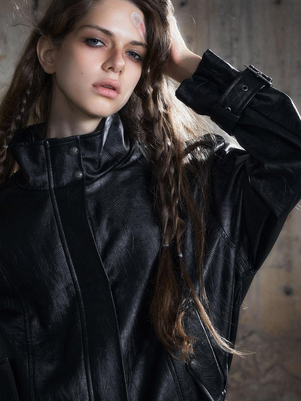 Cest Nous Zipper Pu Leather Loose Commuter Stand Collar Long Sleeve Black Leatherjackets