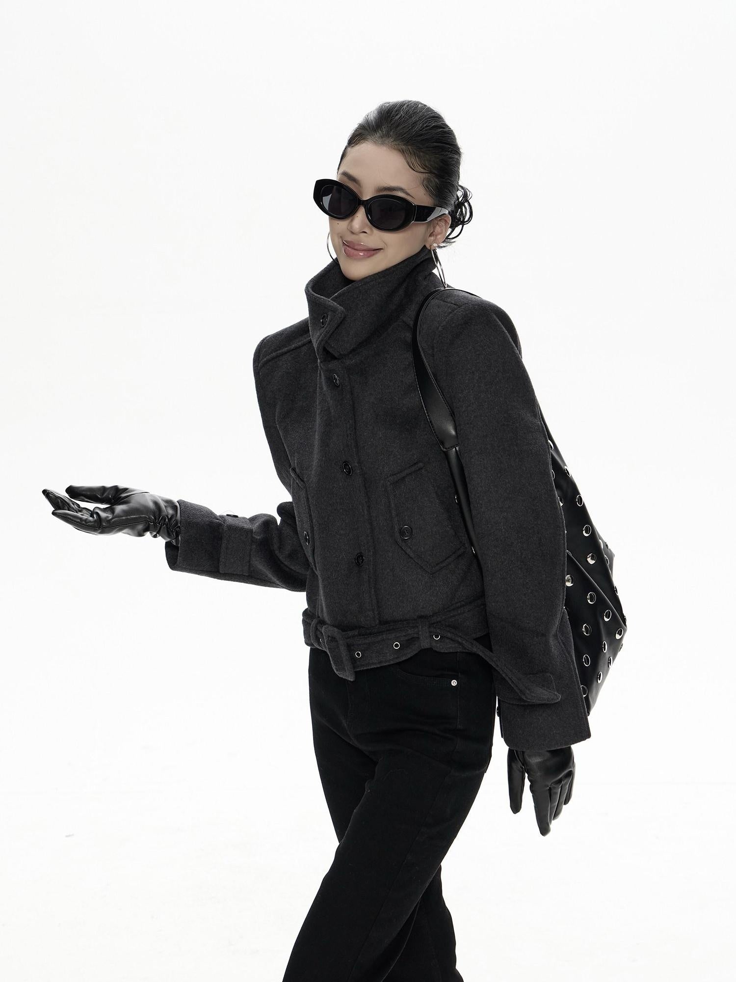 ZERO Cute Single Breasted Woven Long Sleeve Young Women Black Gray Cropped Jackets
