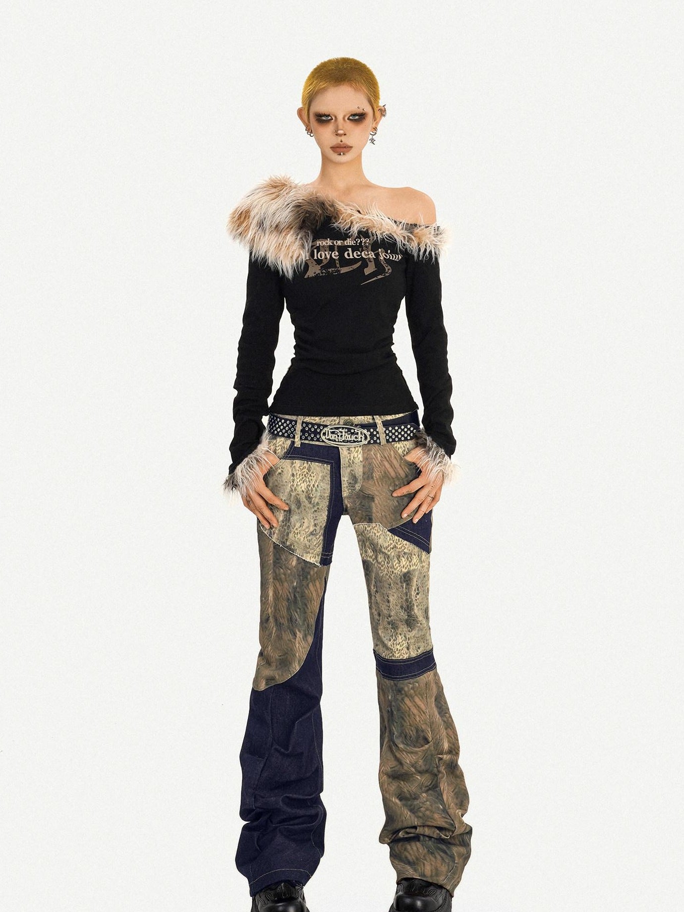Nico Molly Vintage Slim Fit Asymmetric Neckline Patchwork Women Long Sleeve T-Shirts