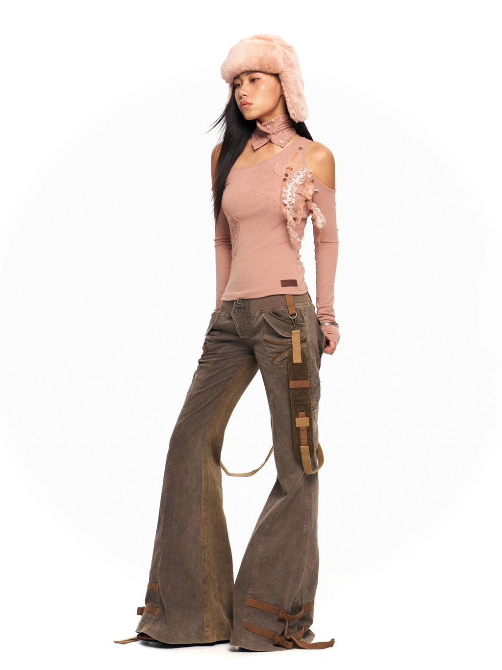 OPEN AESTHETIC Original Design Asymmetrical Shoulder Solid Lotus Pink Long Sleeve T-Shirts