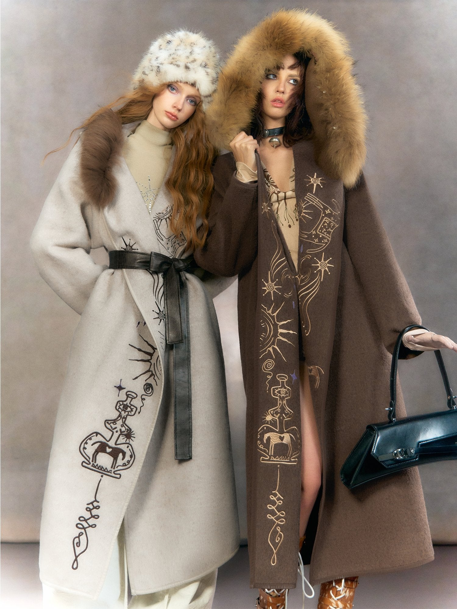 OfAkiva Thick Embroidered Hooded Relaxed Mystic Wool Midlength Brown Long Coats