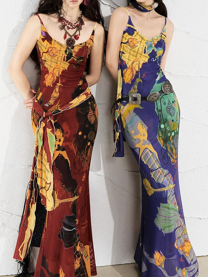 OfAkiva Sexy High Waist Square Neck Strappy Printed Stretch Polyester Maxi Dresses