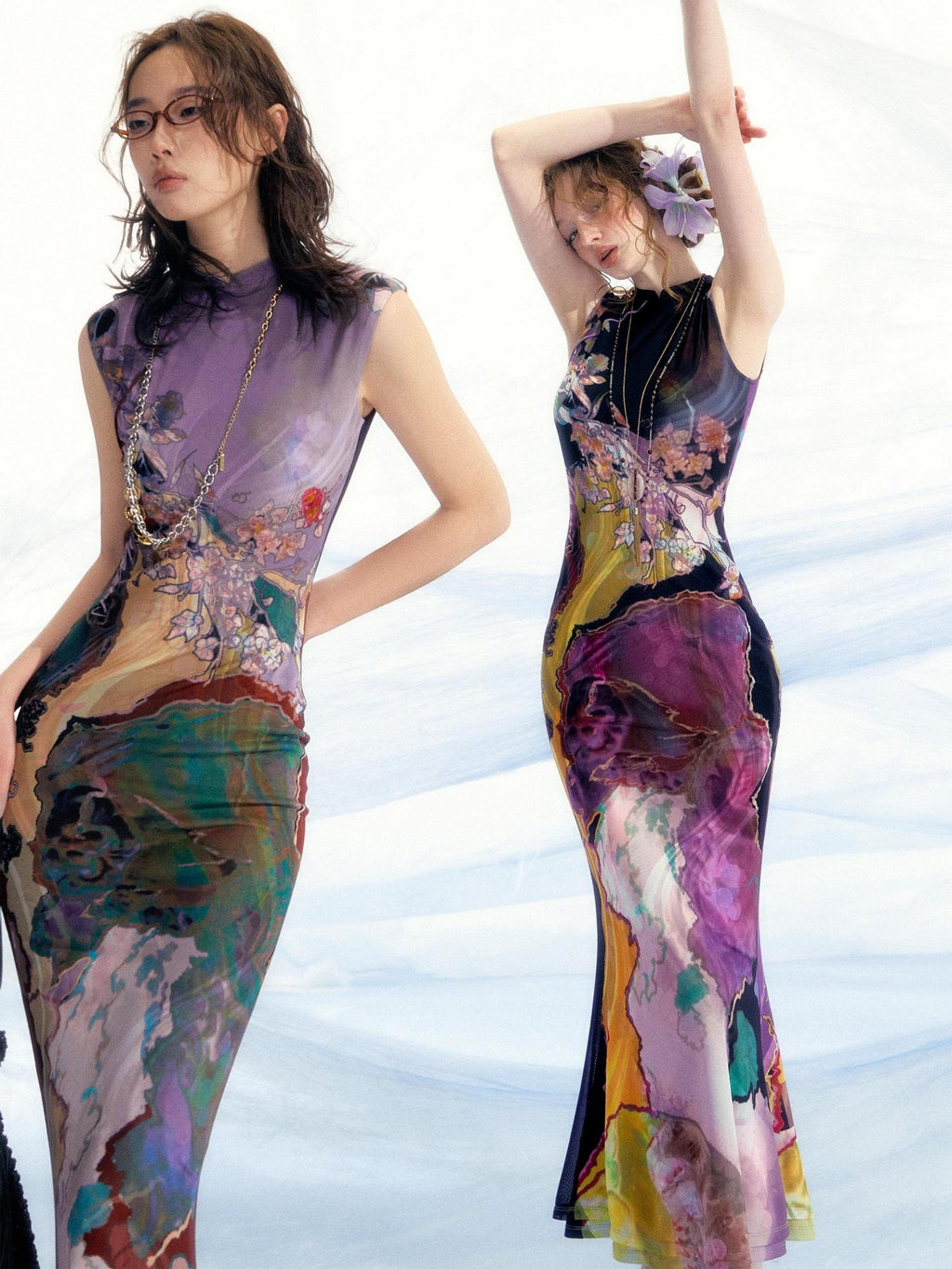 OfAkiva High Waist Floral New Chinese Style A Line Qipao Womens Tricolor Maxi Dresses