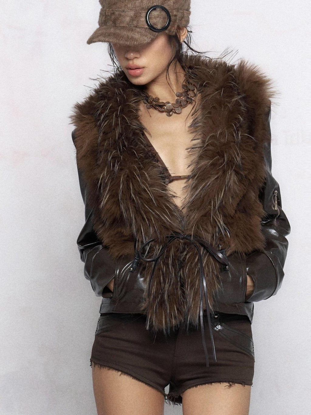 Flowers birds Market Warm Fur Collar Commuter Slim Fit Short Zip Teen Brown Leather Jackets
