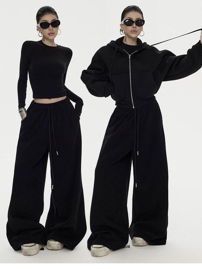 ZERO 3 Piece Casual Cropped Long Sleeve Women Black Coffee Top & Pants Sets