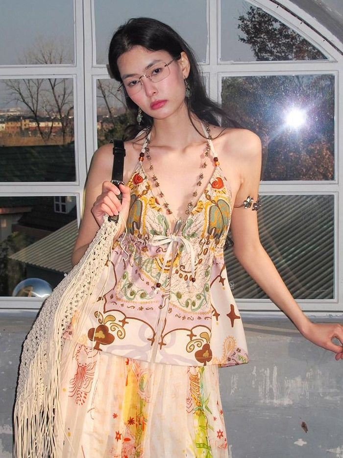 OfAkiva Floral Print Slim V-neck Tie Front Short Women Green Beige Halter Crop Tops