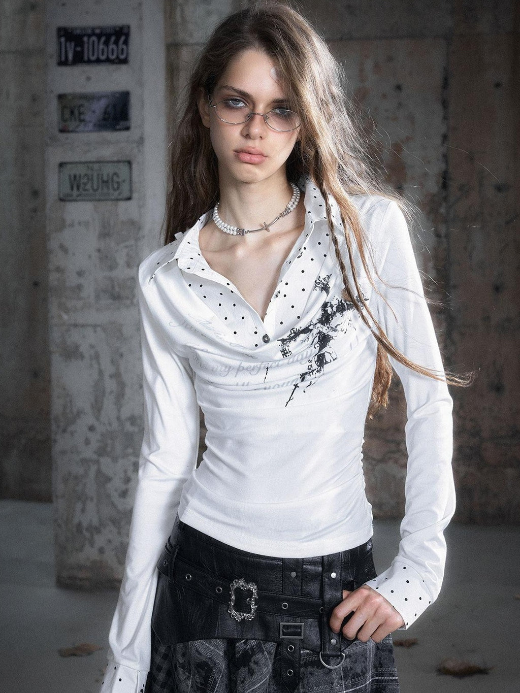Cest Nous Tencel Non Deforming Punk Slim Printed Polo Collar Women Longsleevet-Shirts
