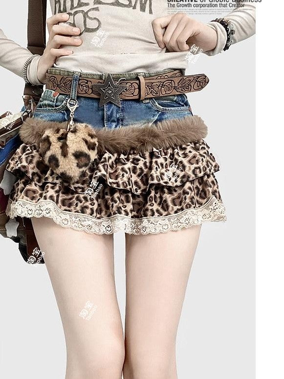 REDDACHIC Leopard Print Patchwork Tiered Cake Women'S Lace Denim Mini Skirts