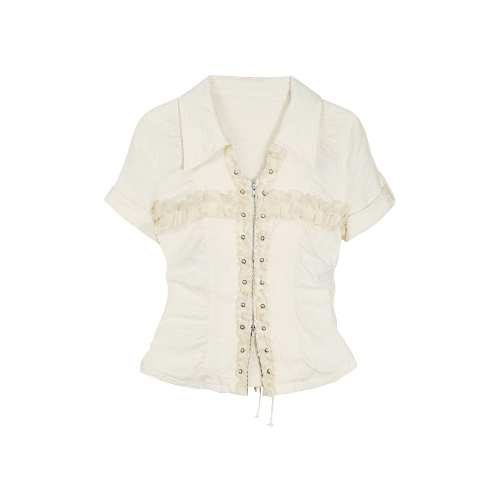 Cest_Nous_Ruched_Patchwork_Slim_Punk_Plaid_Cotton_Zip_Short_Sleeve_Blouses_MISSTT