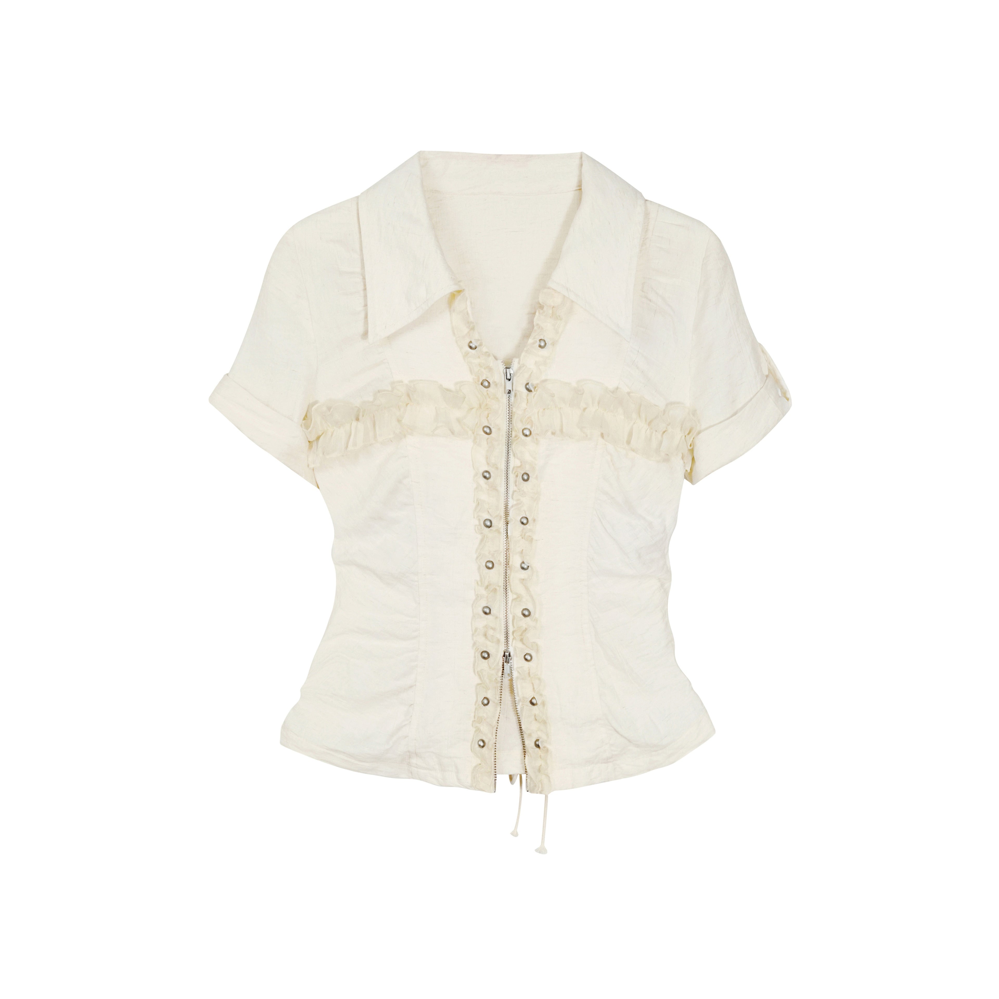 Cest_Nous_Ruched_Patchwork_Slim_Punk_Plaid_Cotton_Zip_Short_Sleeve_Blouses_MISSTT