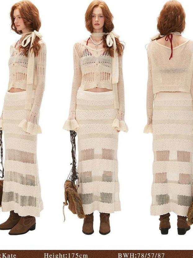 MAMC Wool Blend Hollow Knit Casual V-neck Short Button Two Piece Women Cardigans