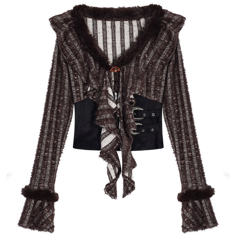 Nico_Molly_Colorfast_Slim_Cinched_Patchwork_V-neck_Striped_Knit_Women_Top_&_Skirt_Sets_MISSTT
