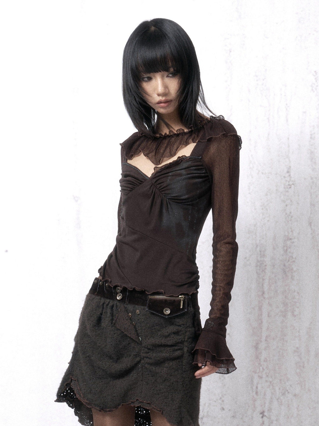 OPEN AESTHETIC Cotton Blend Vintage Lace Print Slim Bell Sleeve Dark Brown Long Sleeve T-Shirts
