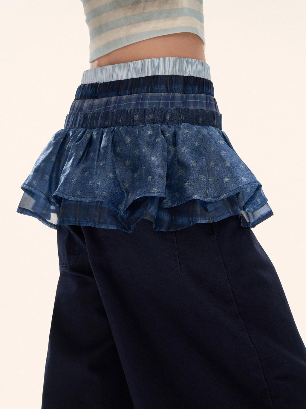 MAMC 100% Cotton Patchwork Relaxed Natural Waist Casual Womens Blue Wide Leg Pants