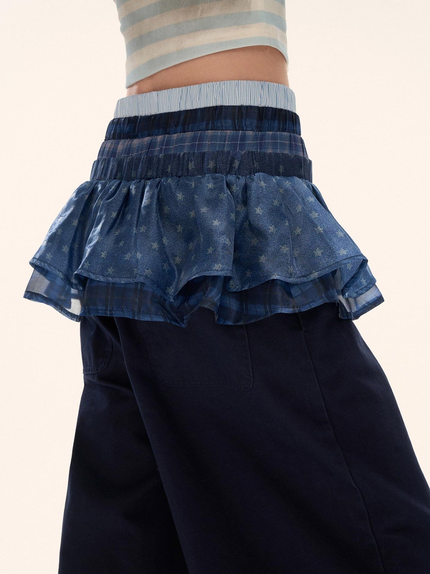 MAMC 100% Cotton Patchwork Relaxed Natural Waist Casual Womens Blue Wide Leg Pants