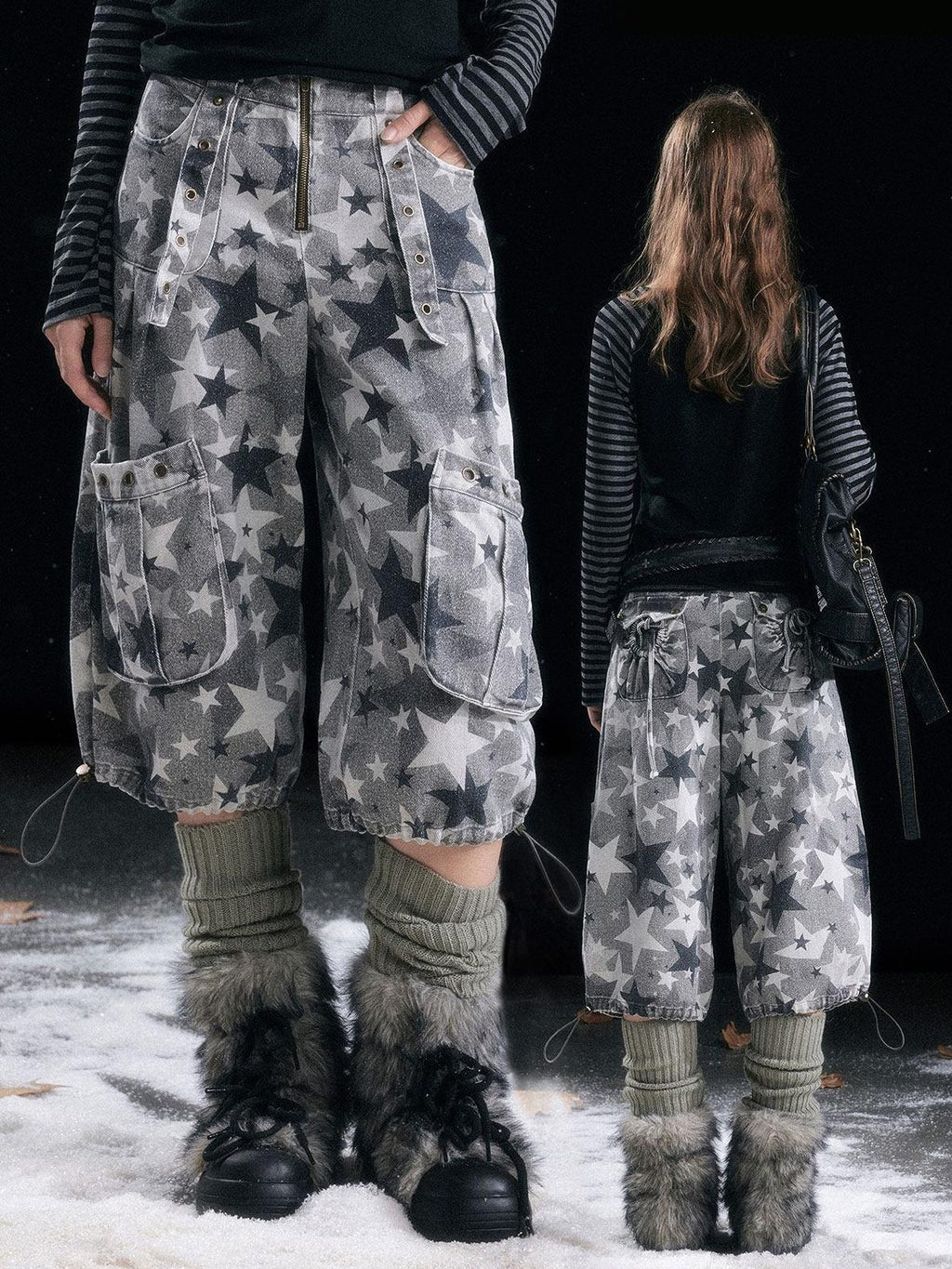 Cest Nous Distressed Grey Camo Cotton Tapered Button Fly Pockets Women Cargopants