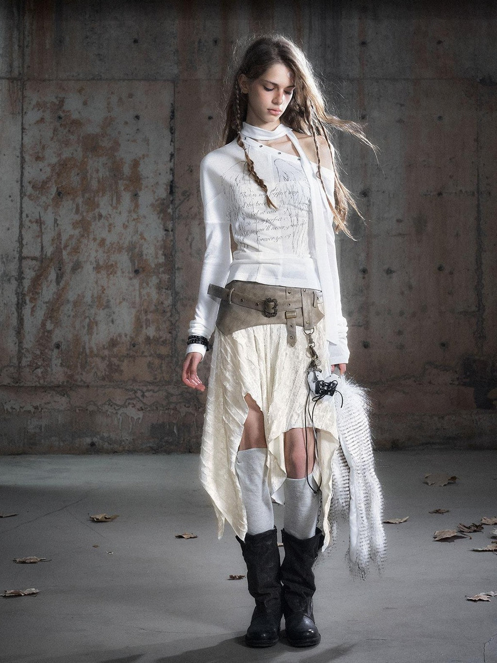 Cest Nous Pu Patchwork Punk Asymmetric Low Waist Youth Daily Wear Cotton Blend Midiskirts