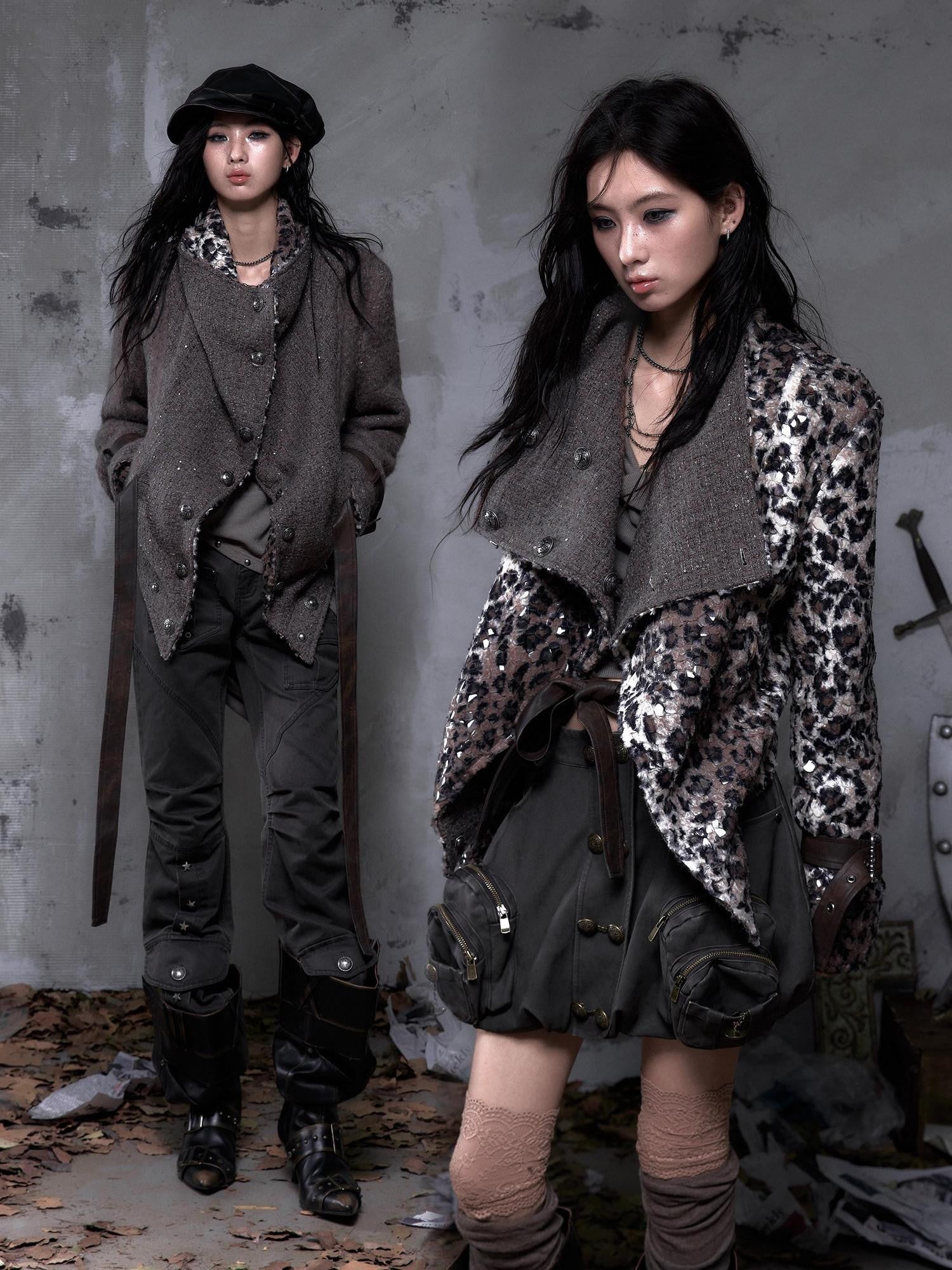 NO ROMANCE Leopard Print Patchwork Reversible Lapel Women'S Boucle Tweed Plush Short Coats