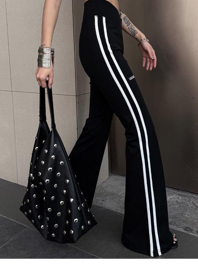 ZERO High Stretch Nylon Striped Street Natural Waist Women Black Flared Pants