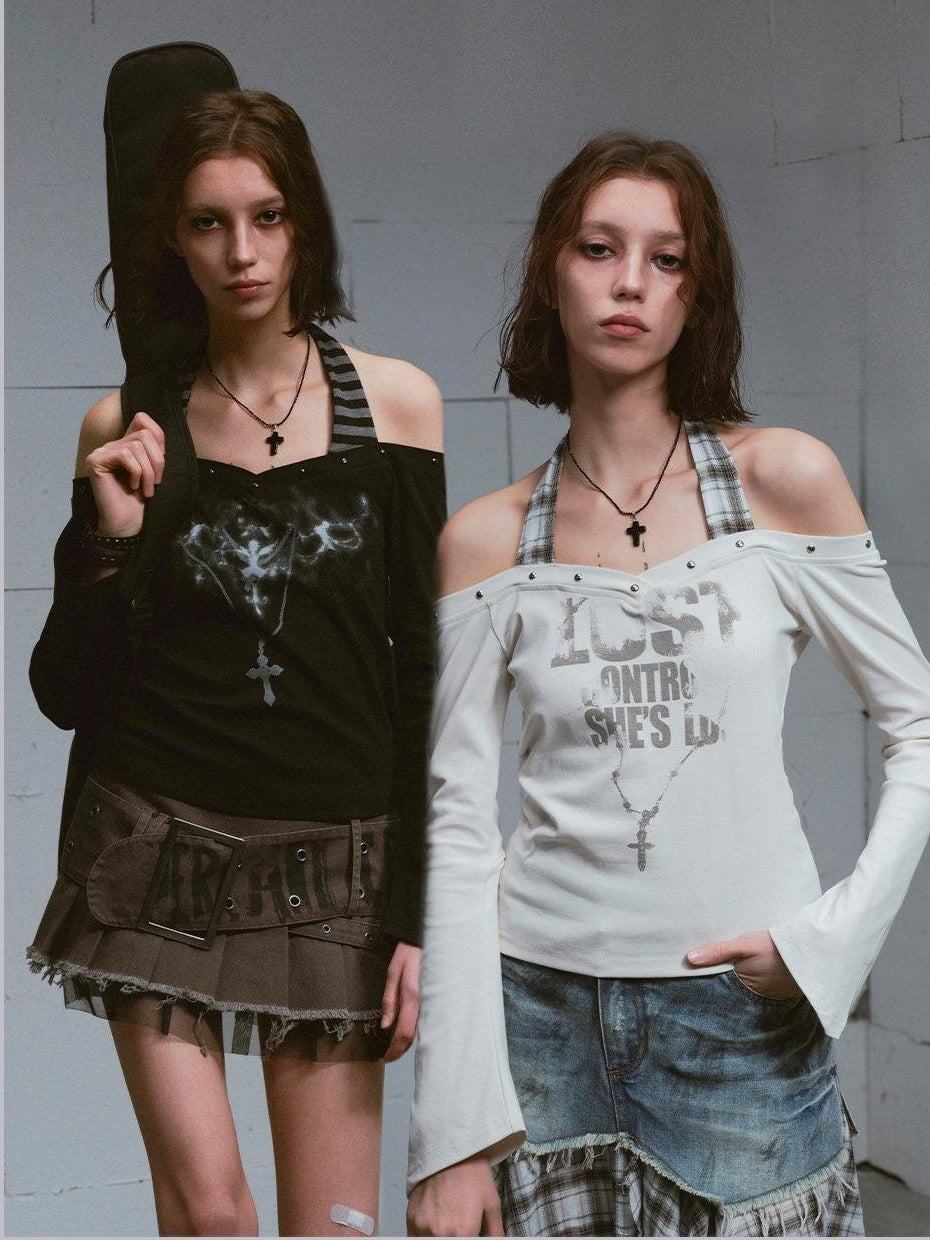 Cest Nous Printed Slim Street Punk Long Sleeve Straight Neck Women Haltercroptops