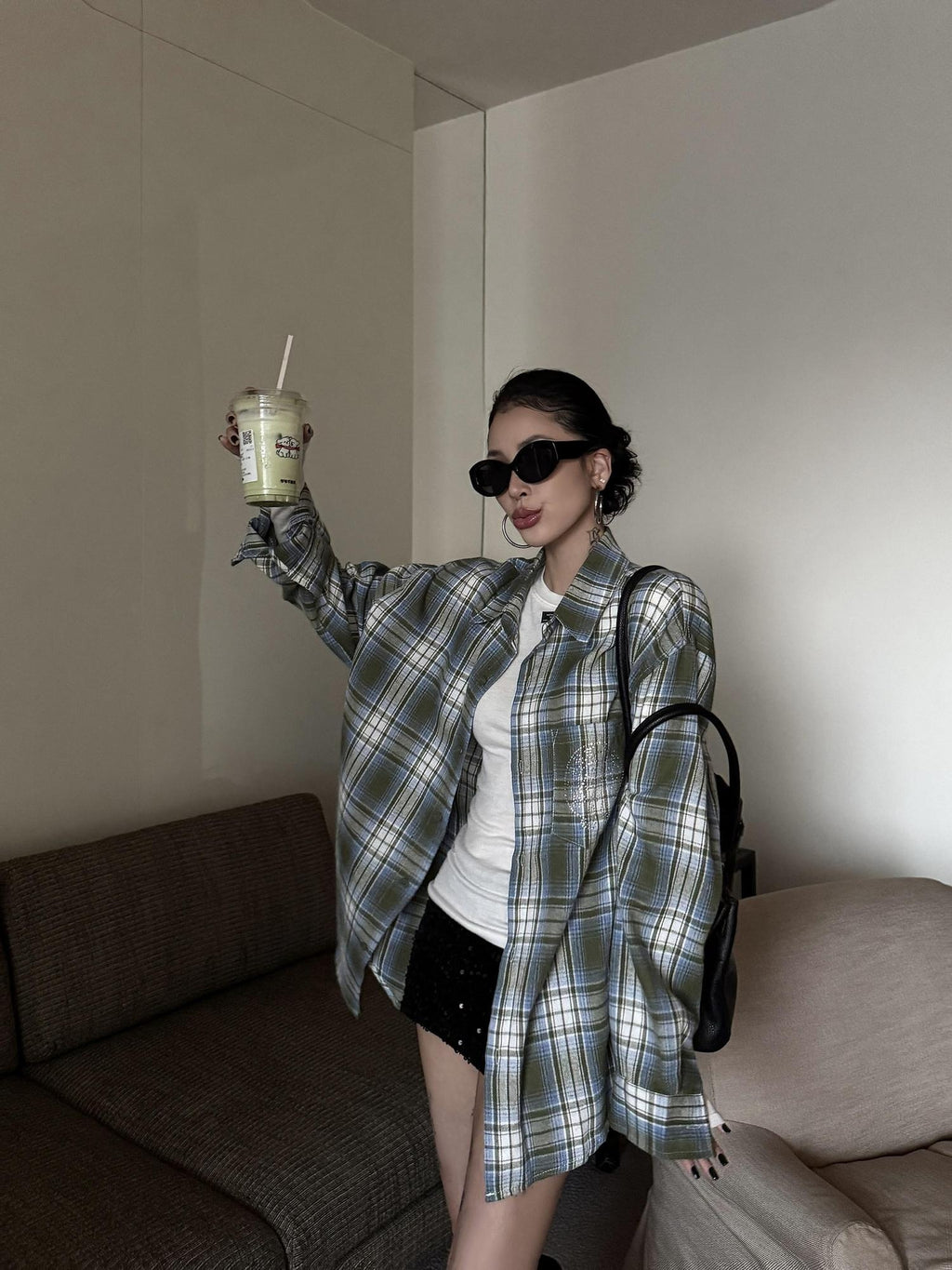 ZERO Breathable Loose Mid Length Green Plaid Unisex Cotton Shirts