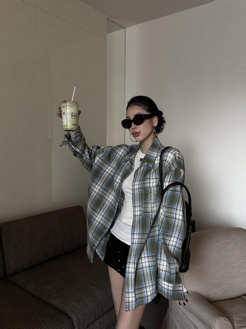 ZERO Breathable Loose Mid Length Green Plaid Unisex Cotton Shirts