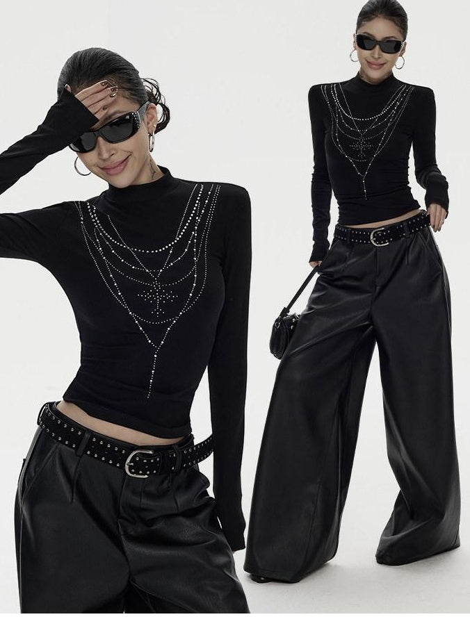 ZERO Rhinestone Street Slim High Neck Lyocell Knit Women Long Sleeve Crop Tops